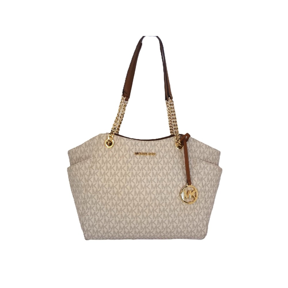 Michael Kors Jet Set Large Chain Shoulder Tote Bag Vanilla Logo COA